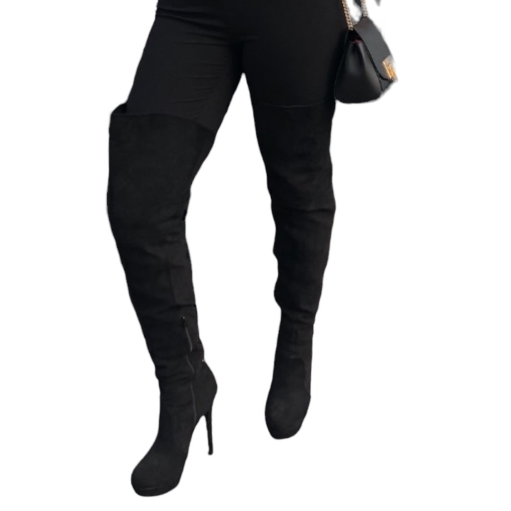 *NEW* ShoeDazzle Over The Knee Laceup 5in Suede Black Stiletto Boots - Picture 1 of 9